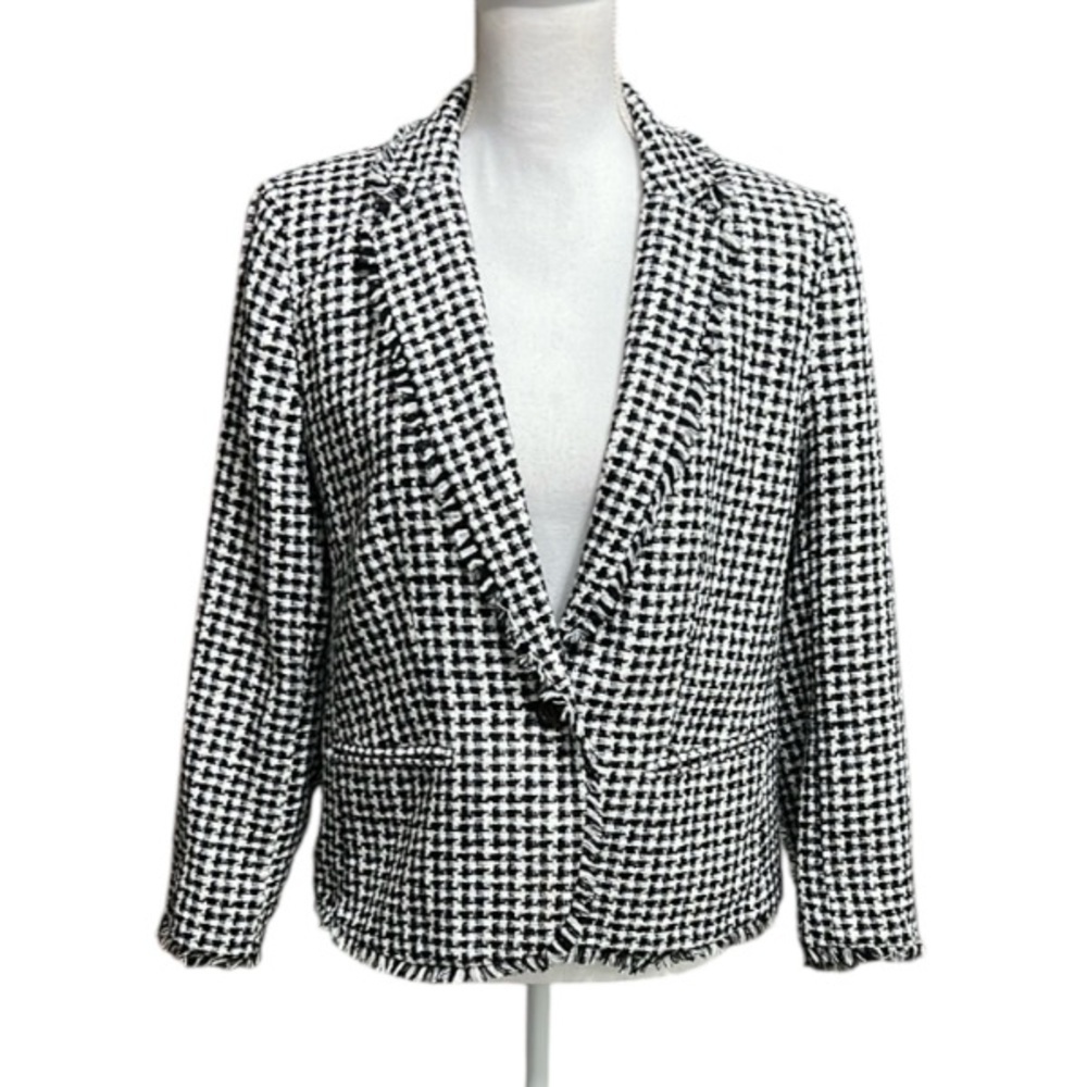 Ann Taylor Petite 14P Black White Houndstooth Fringe Trim One Button Blazer - Picture 2 of 14